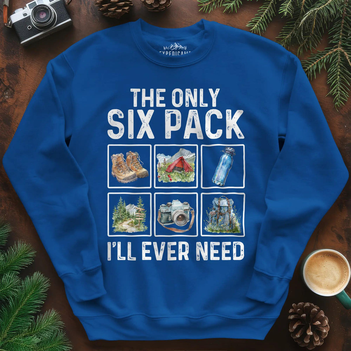 Six Pack Adventure Sweatshirt – Royal – Outdoor apparel for travel, hiking, camping, and nature lovers – ExpediCamp