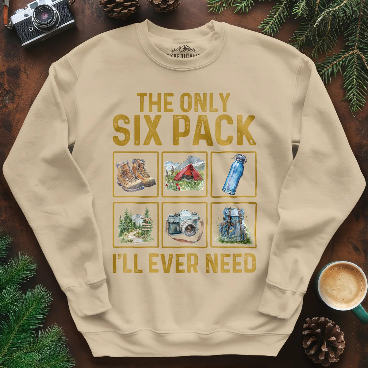 Six Pack Adventure Sweatshirt – Sand – Outdoor apparel for travel, hiking, camping, and nature lovers – ExpediCamp