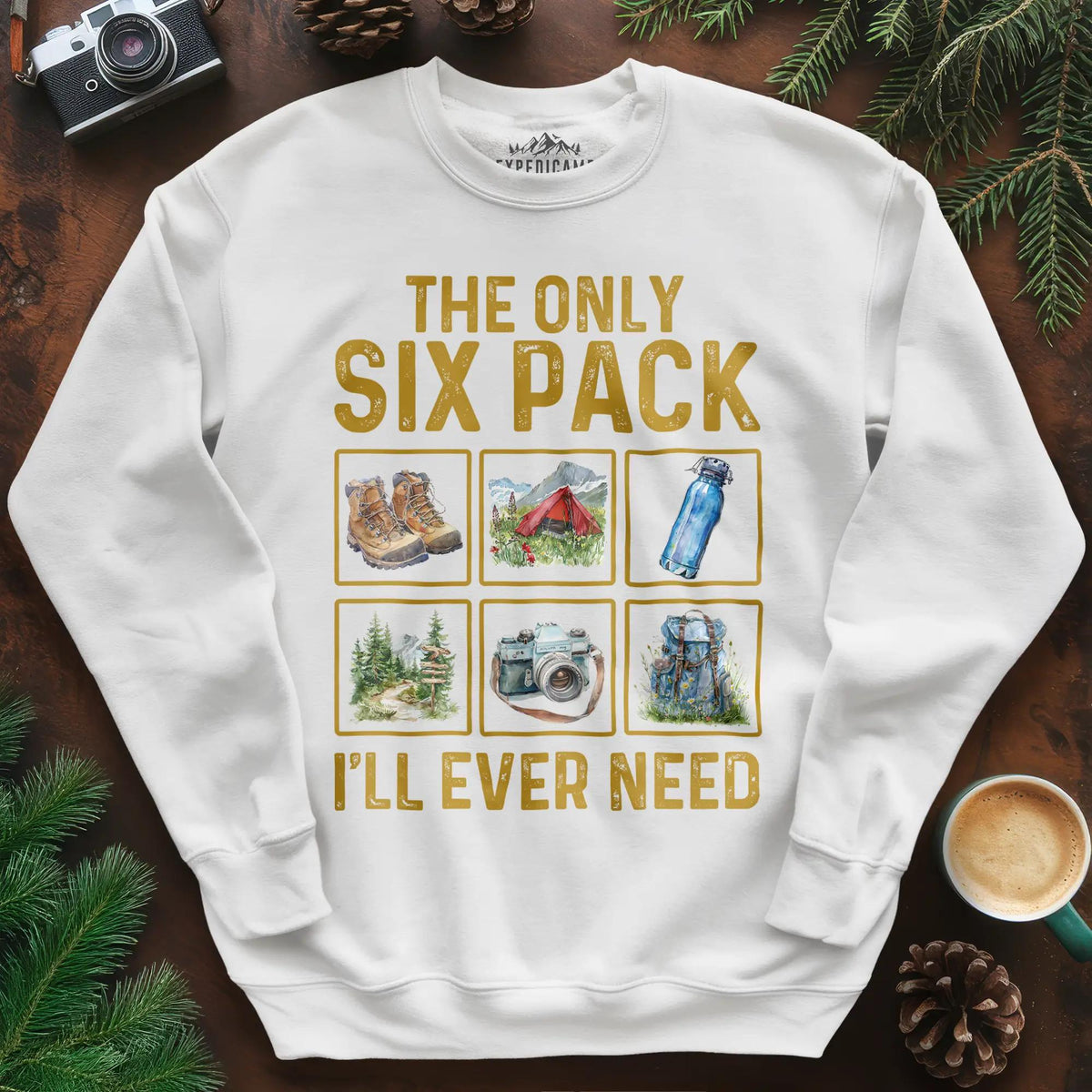 Six Pack Adventure Sweatshirt – White – Outdoor apparel for travel, hiking, camping, and nature lovers – ExpediCamp