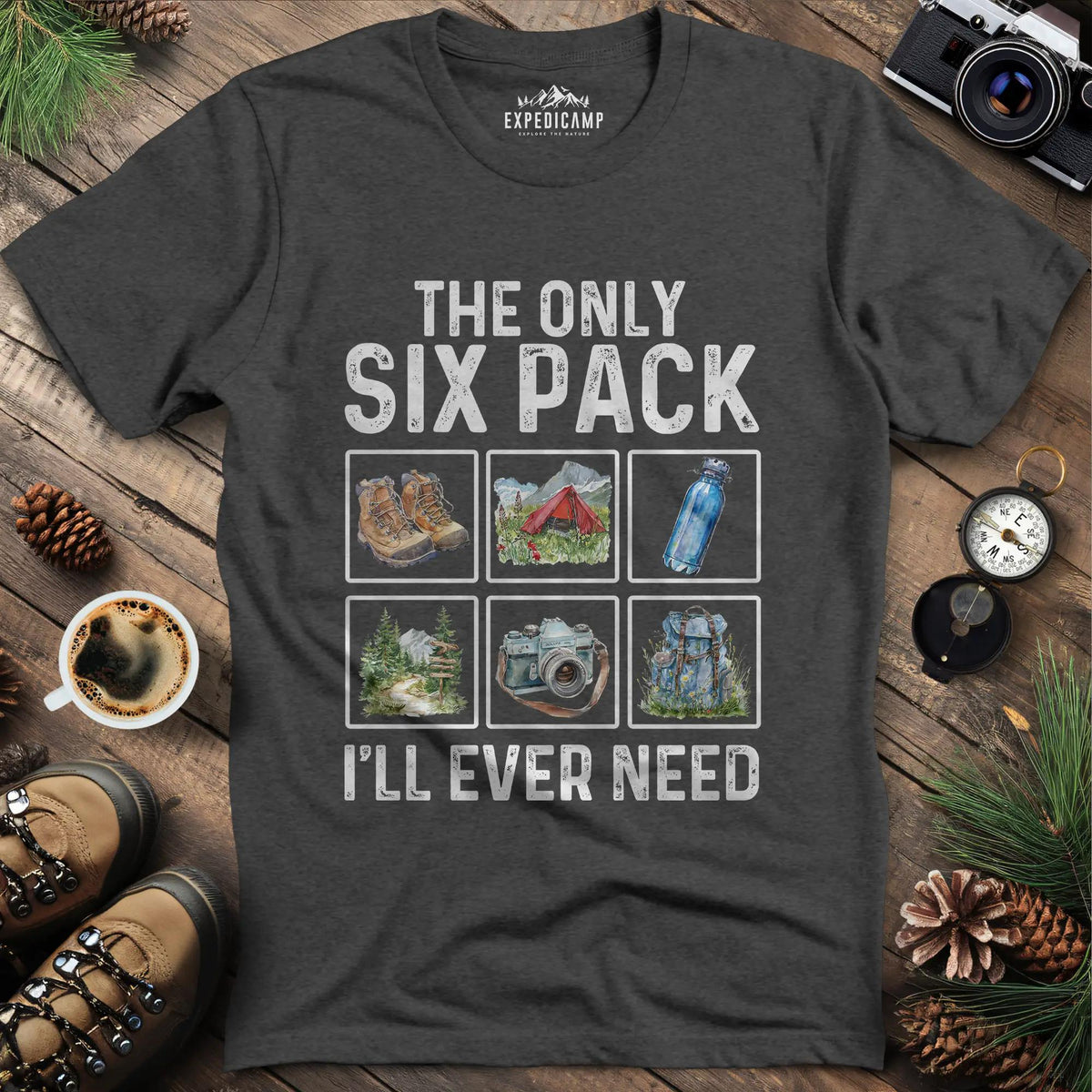 Six Pack Adventure T-Shirt – Dark Heather – Outdoor apparel for travel, hiking, camping, and nature lovers – ExpediCamp