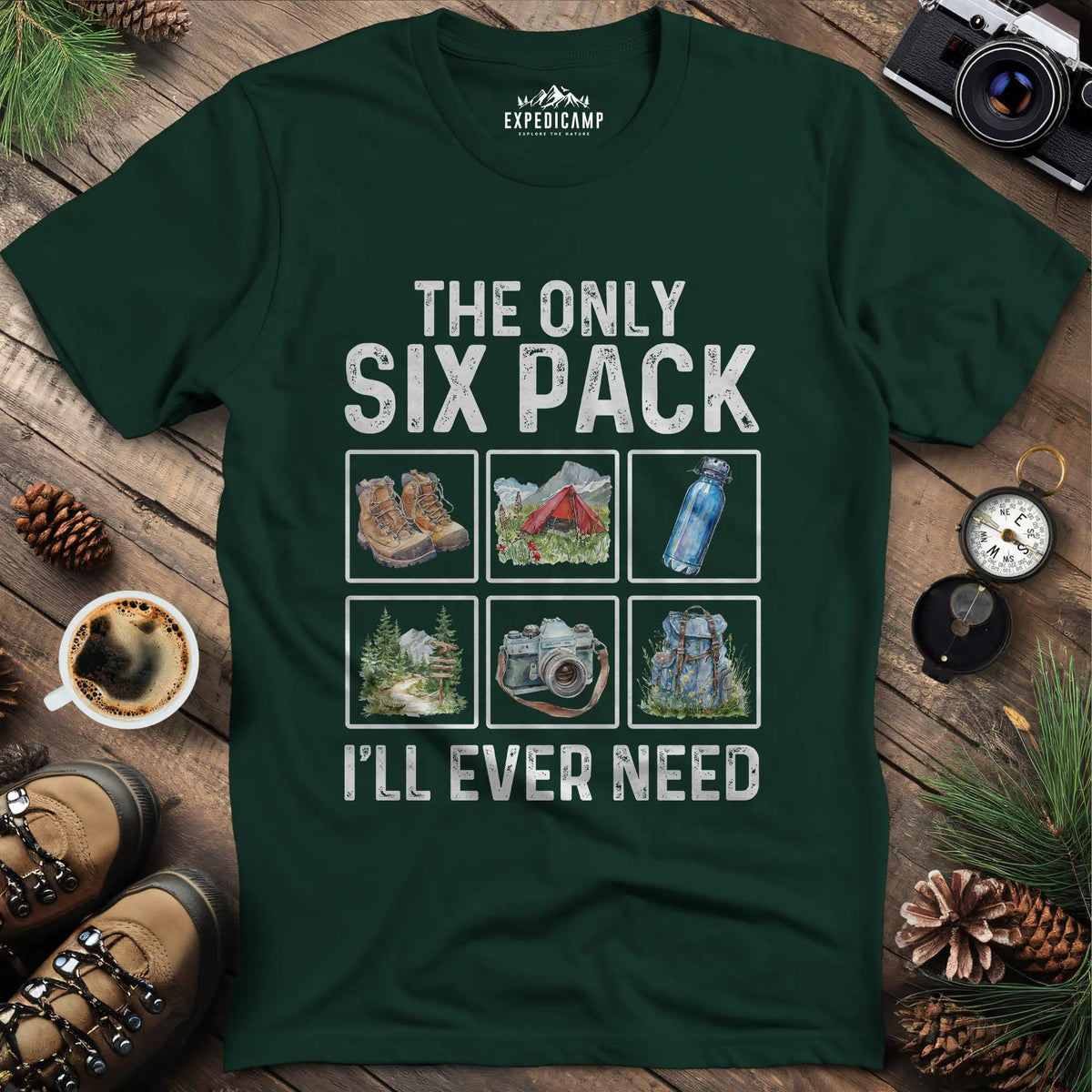 Six Pack Adventure T-Shirt – Forest Green – Outdoor apparel for travel, hiking, camping, and nature lovers – ExpediCamp