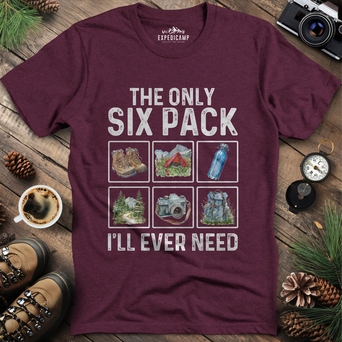 Six Pack Adventure T-Shirt – Heather Maroon – Outdoor apparel for travel, hiking, camping, and nature lovers – ExpediCamp
