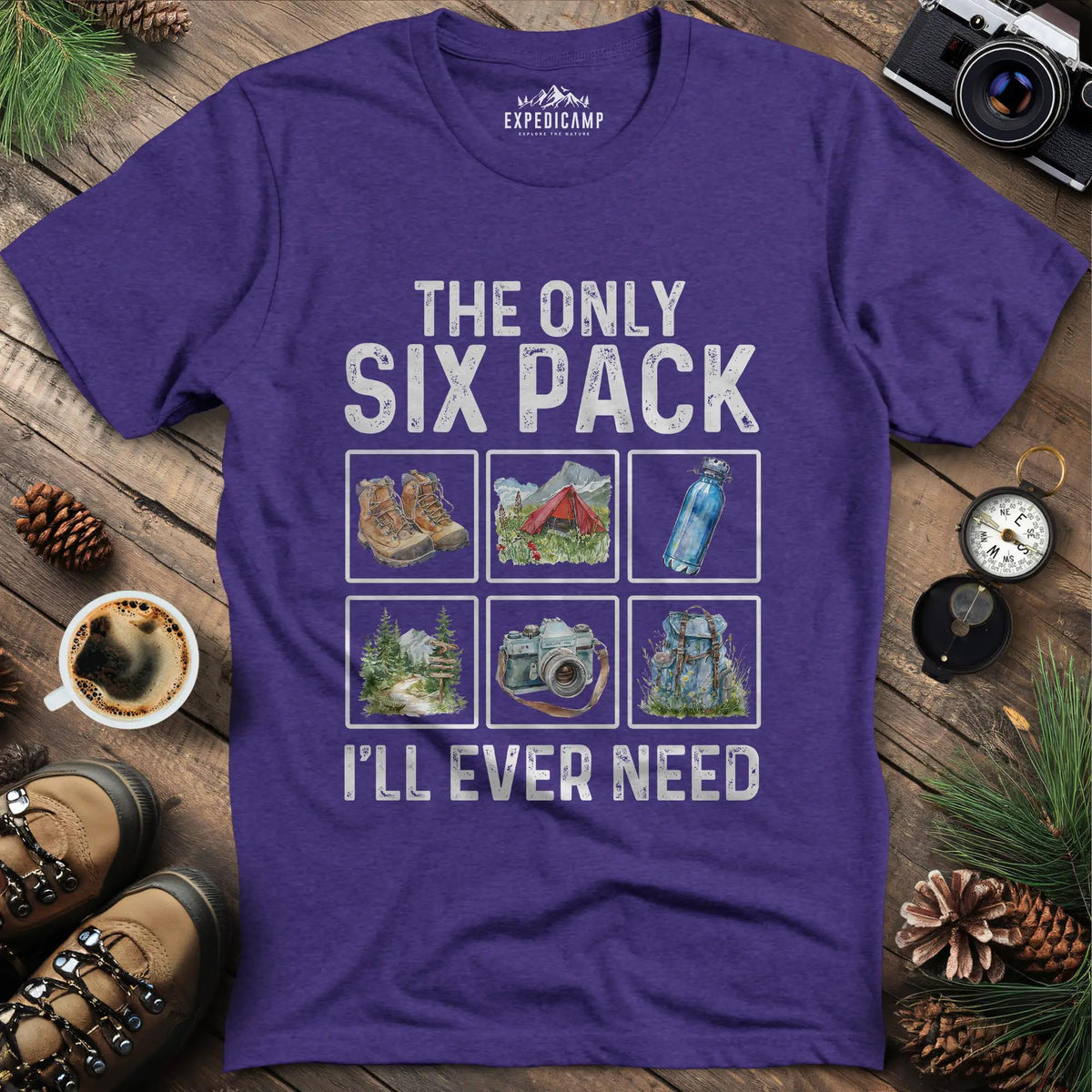 Six Pack Adventure T-Shirt – Heather Purple – Outdoor apparel for travel, hiking, camping, and nature lovers – ExpediCamp