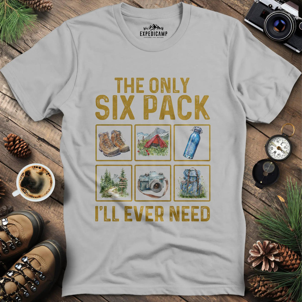 Six Pack Adventure T-Shirt – Ice Grey – Outdoor apparel for travel, hiking, camping, and nature lovers – ExpediCamp