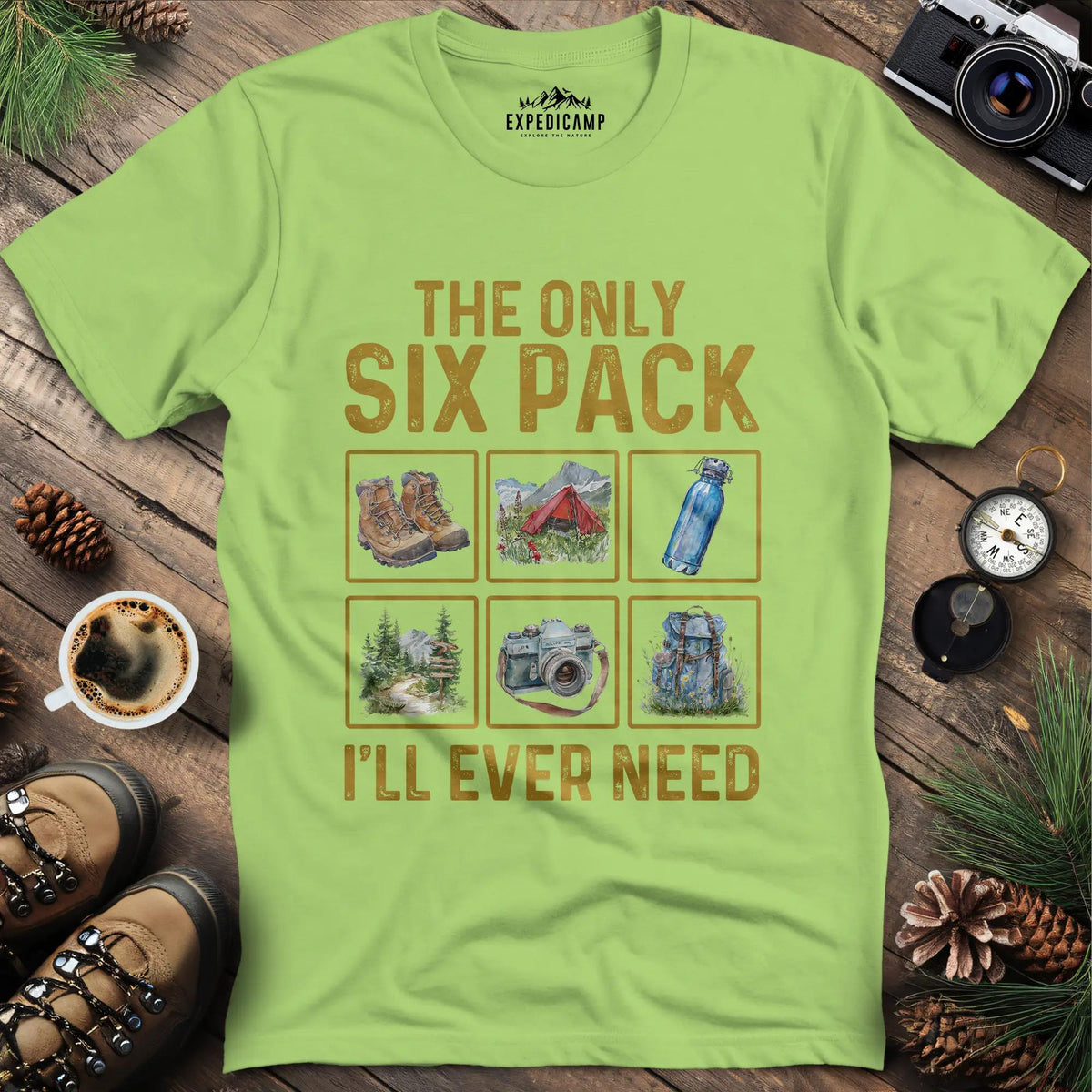 Six Pack Adventure T-Shirt – Kiwi – Outdoor apparel for travel, hiking, camping, and nature lovers – ExpediCamp