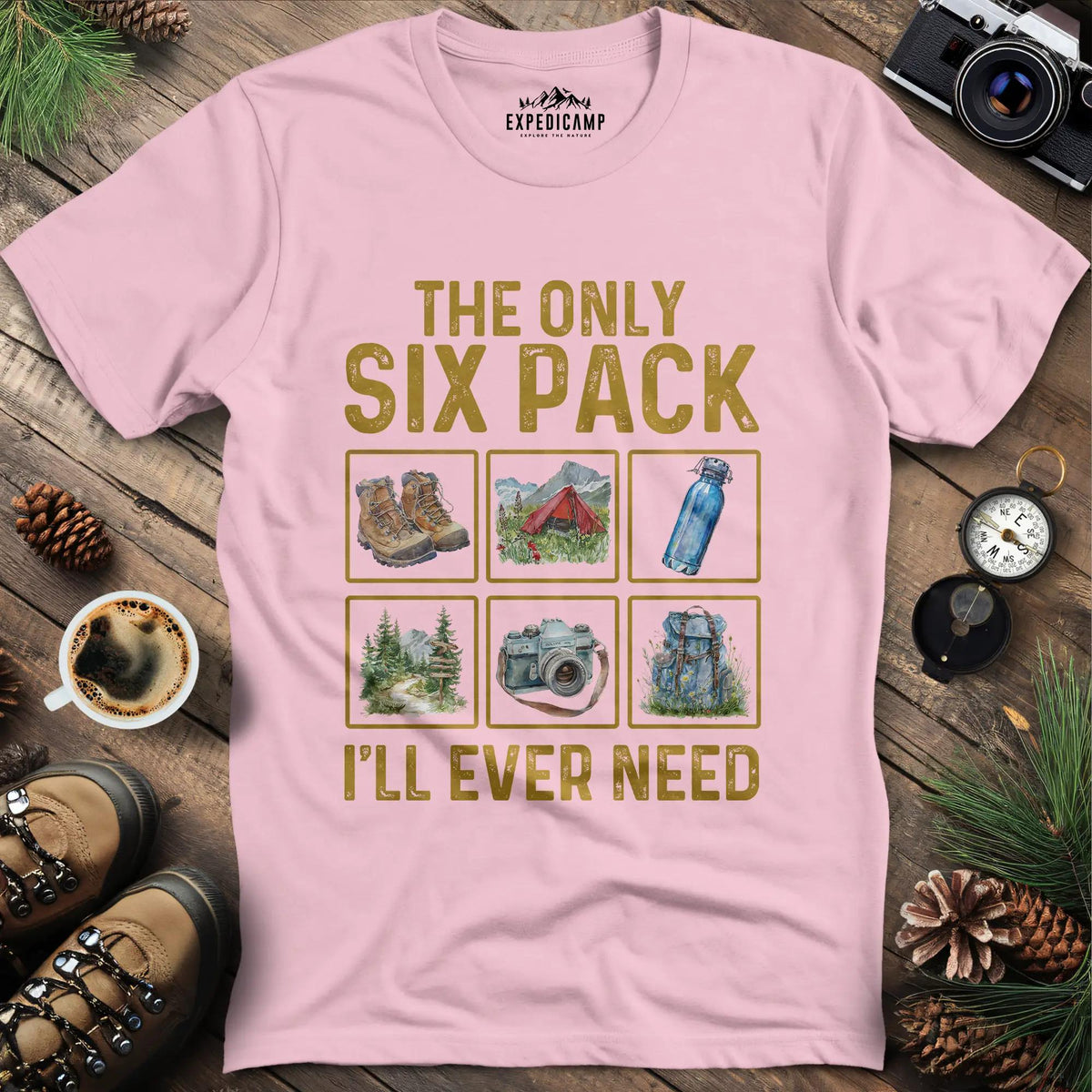 Six Pack Adventure T-Shirt – Light Pink – Outdoor apparel for travel, hiking, camping, and nature lovers – ExpediCamp