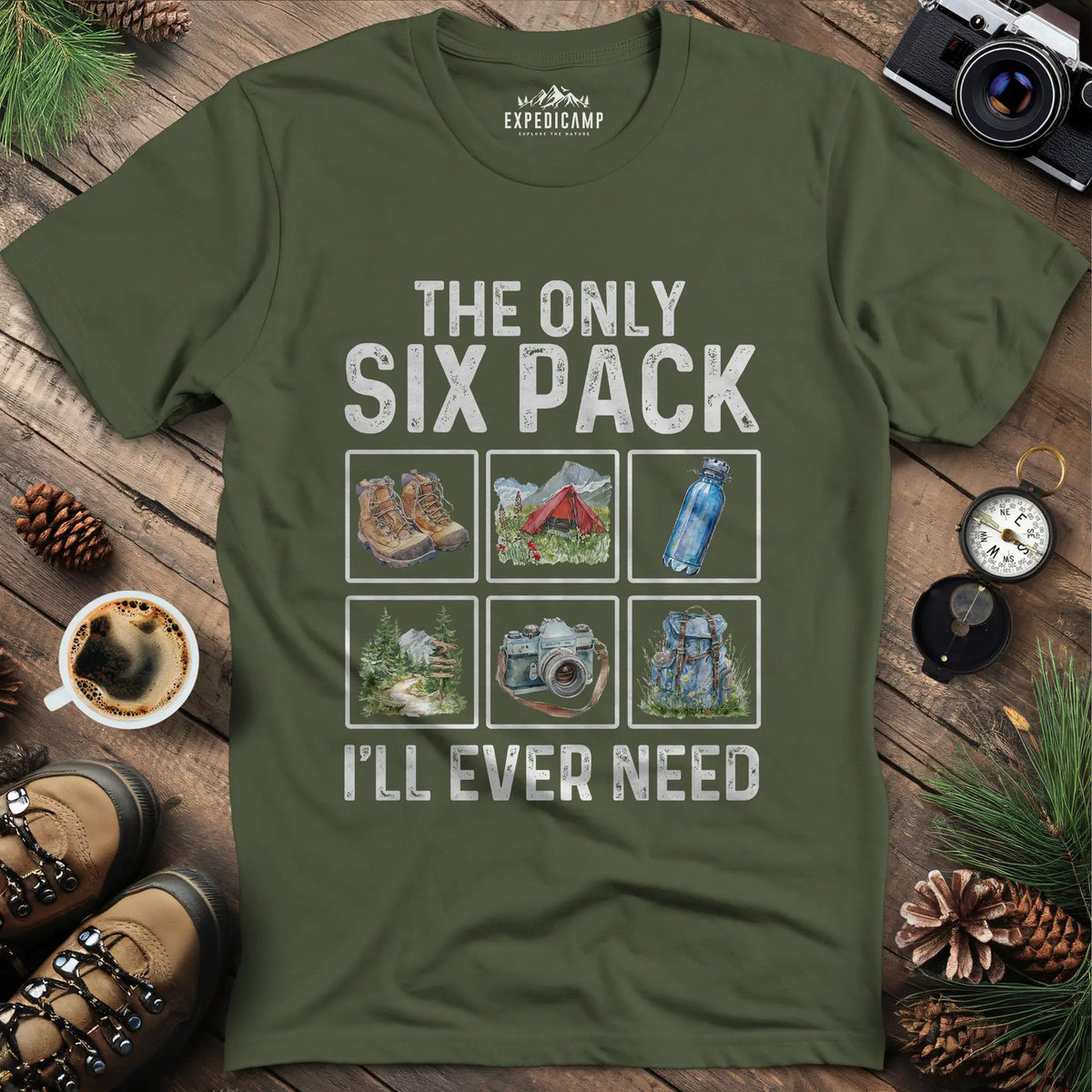 Six Pack Adventure T-Shirt – Military Green – Outdoor apparel for travel, hiking, camping, and nature lovers – ExpediCamp