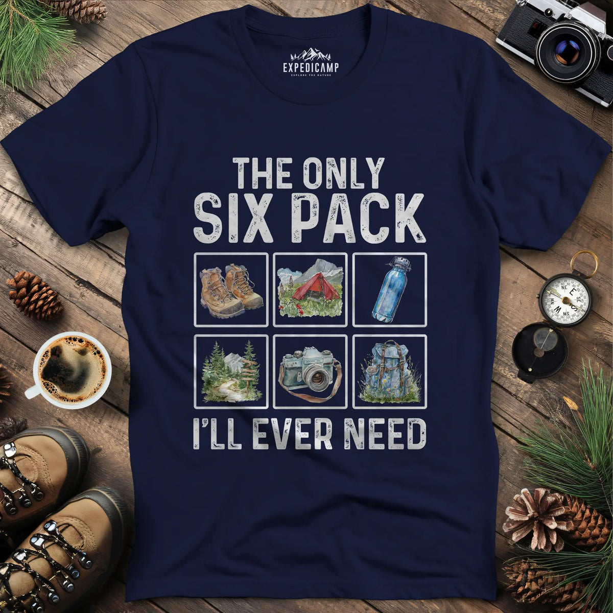 Six Pack Adventure T-Shirt – Navy – Outdoor apparel for travel, hiking, camping, and nature lovers – ExpediCamp