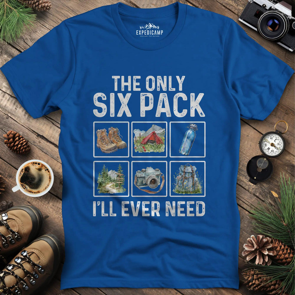Six Pack Adventure T-Shirt – Royal – Outdoor apparel for travel, hiking, camping, and nature lovers – ExpediCamp