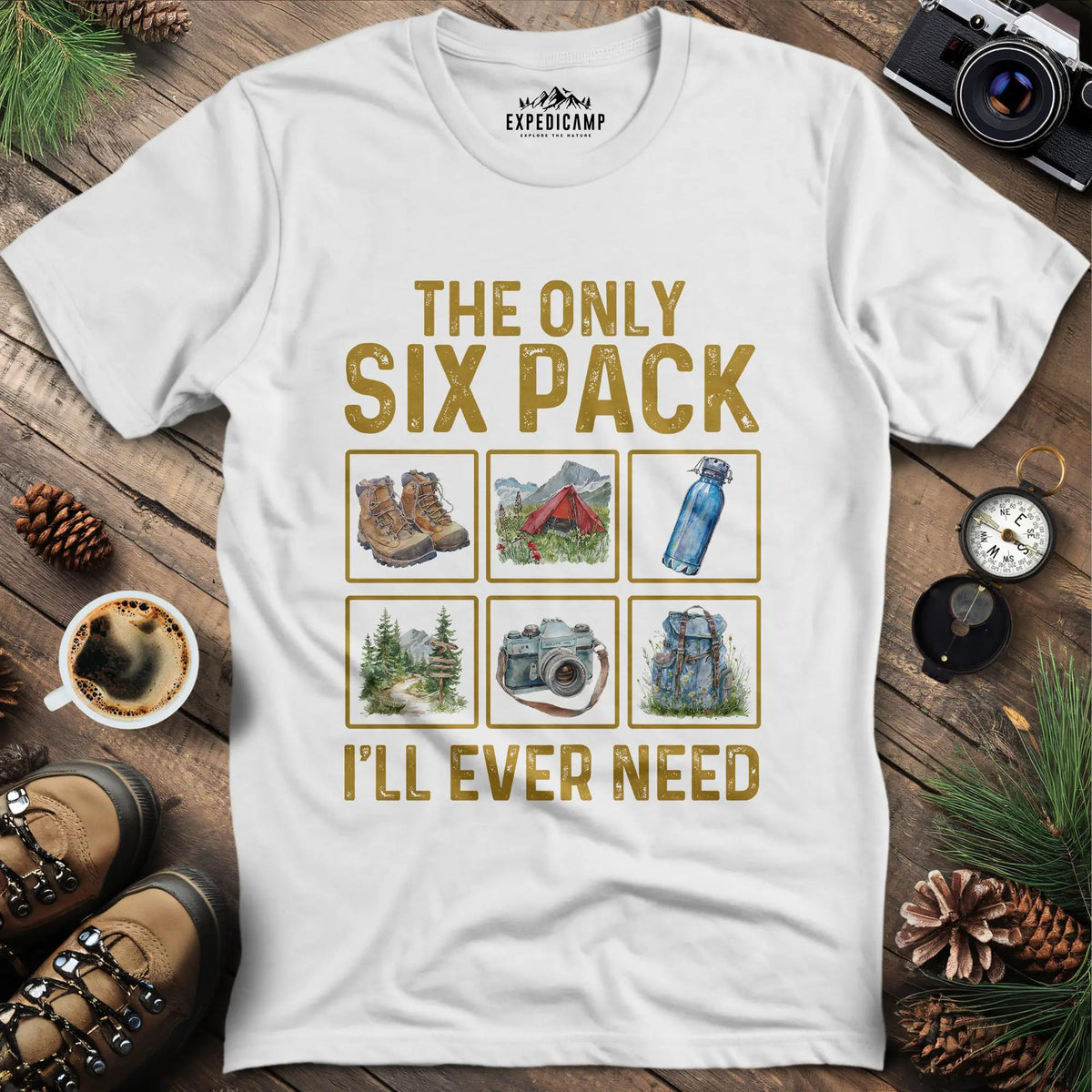 Six Pack Adventure T-Shirt – White – Outdoor apparel for travel, hiking, camping, and nature lovers – ExpediCamp