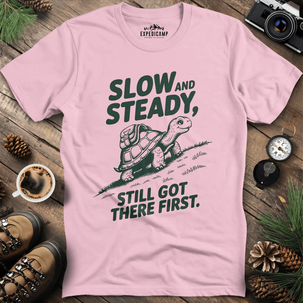 Slow and Steady T-Shirt – Light Pink – Outdoor apparel for travel, hiking, camping, and nature lovers – ExpediCamp
