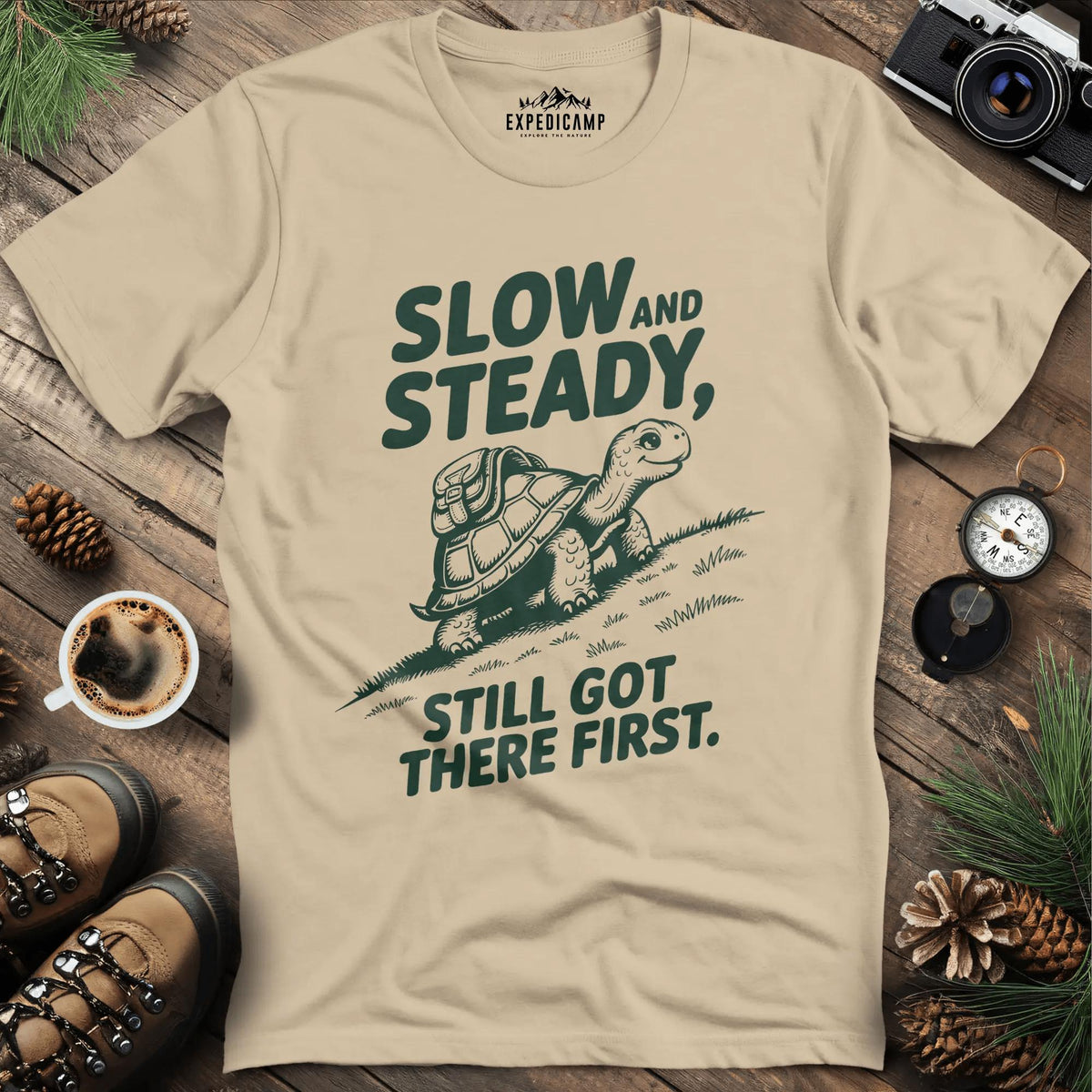 Slow and Steady T-Shirt – Sand – Outdoor apparel for travel, hiking, camping, and nature lovers – ExpediCamp