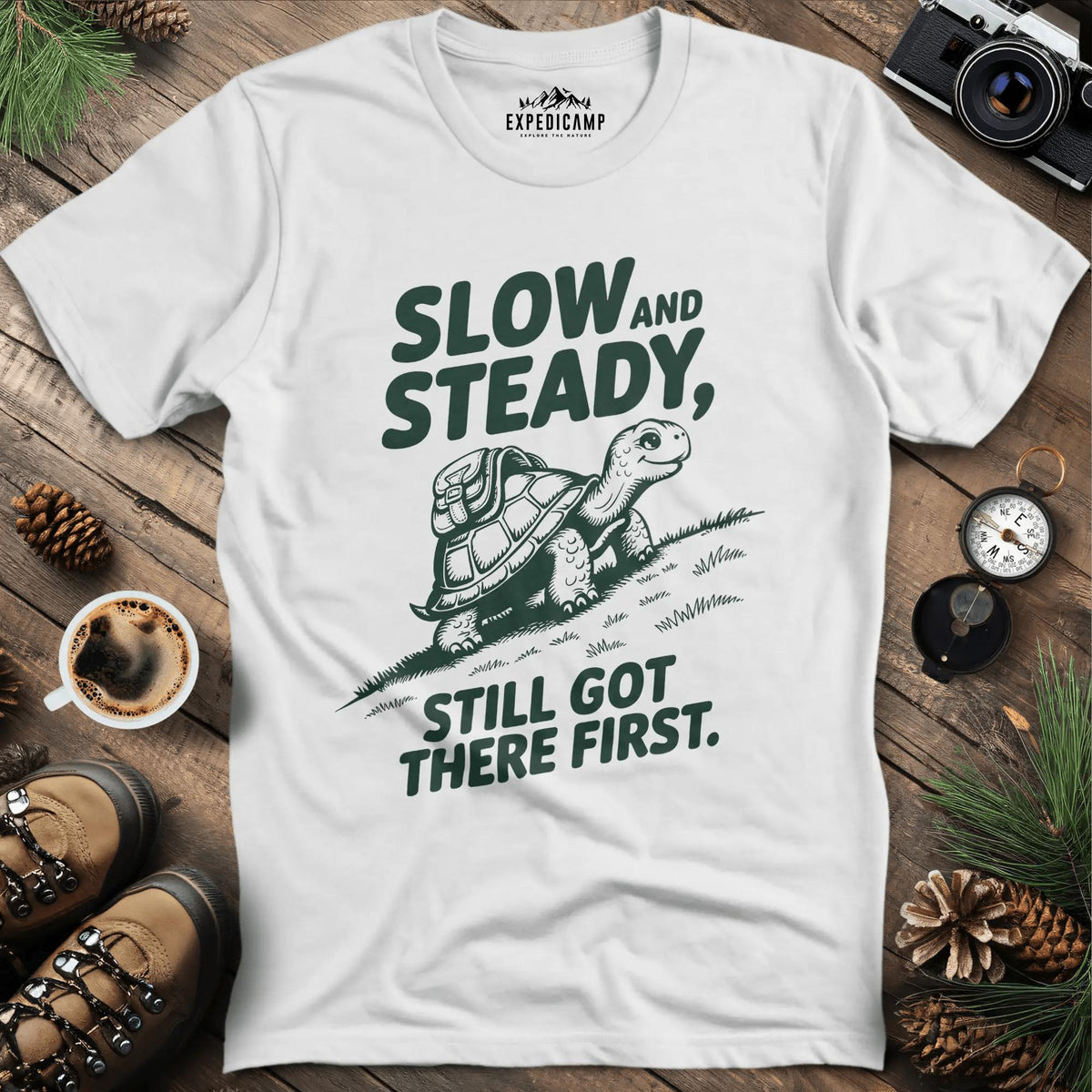 Slow and Steady T-Shirt – White – Outdoor apparel for travel, hiking, camping, and nature lovers – ExpediCamp