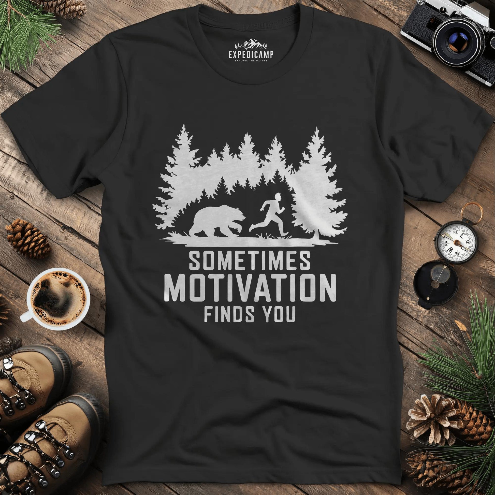 Sometimes Motivation Finds You - Charging Bear T-Shirt – Black – Outdoor apparel for travel, hiking, camping, and nature lovers – ExpediCamp