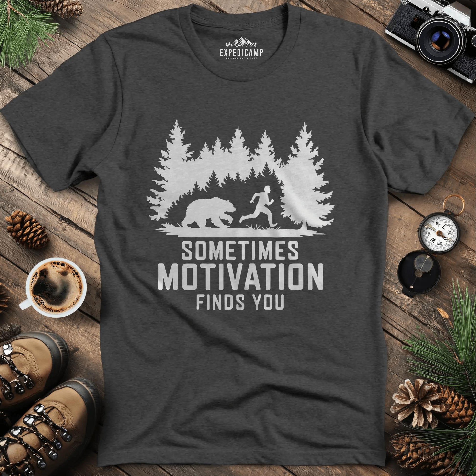 Sometimes Motivation Finds You - Charging Bear T-Shirt – Dark Heather – Outdoor apparel for travel, hiking, camping, and nature lovers – ExpediCamp