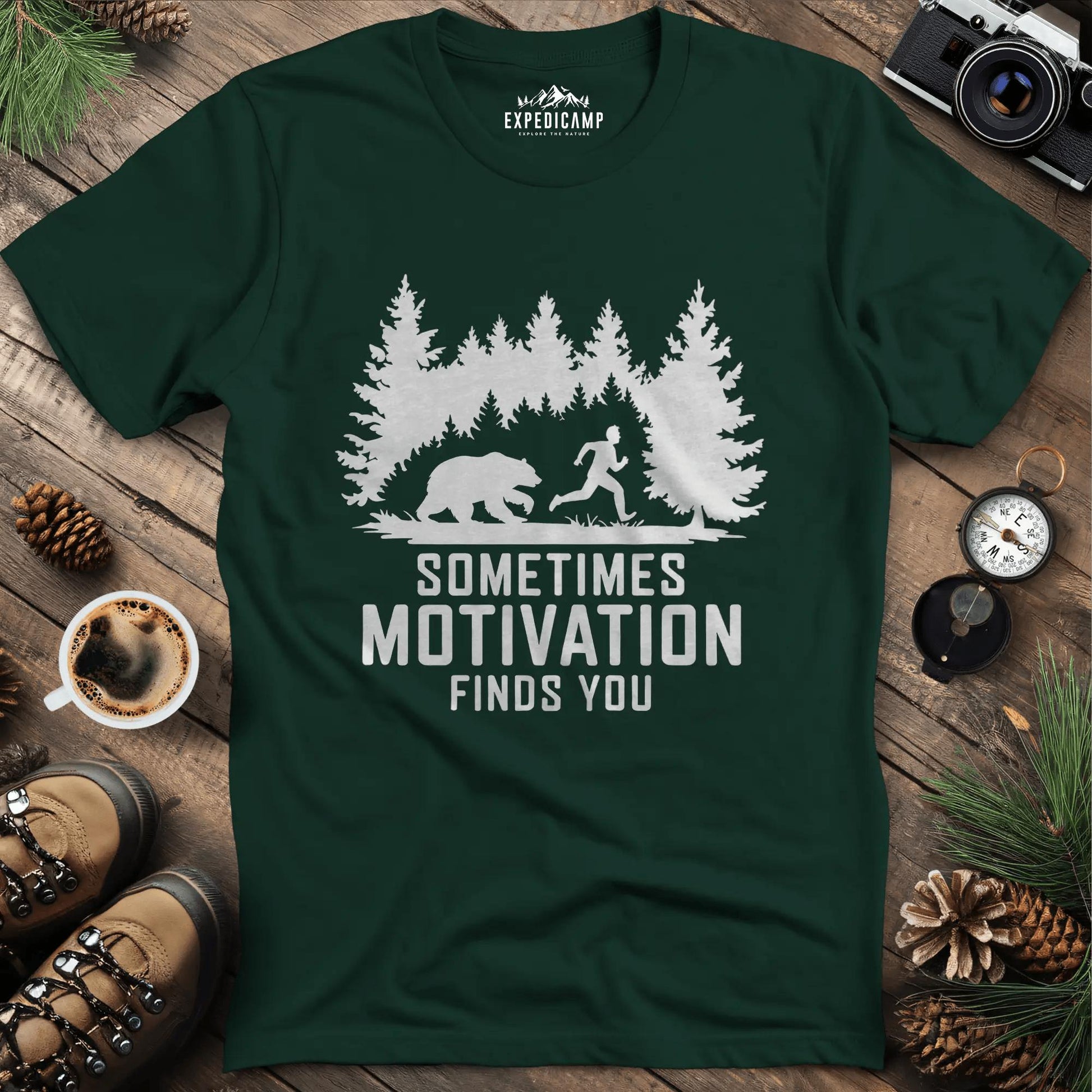 Sometimes Motivation Finds You - Charging Bear T-Shirt – Forest Green – Outdoor apparel for travel, hiking, camping, and nature lovers – ExpediCamp