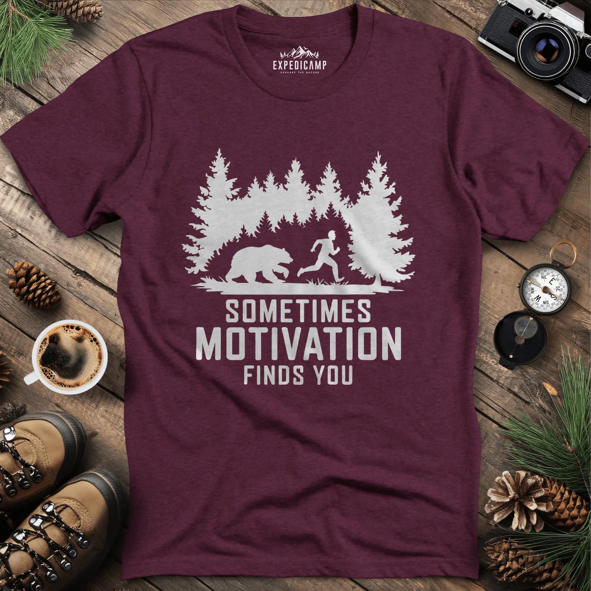 Sometimes Motivation Finds You - Charging Bear T-Shirt – Heather Maroon – Outdoor apparel for travel, hiking, camping, and nature lovers – ExpediCamp