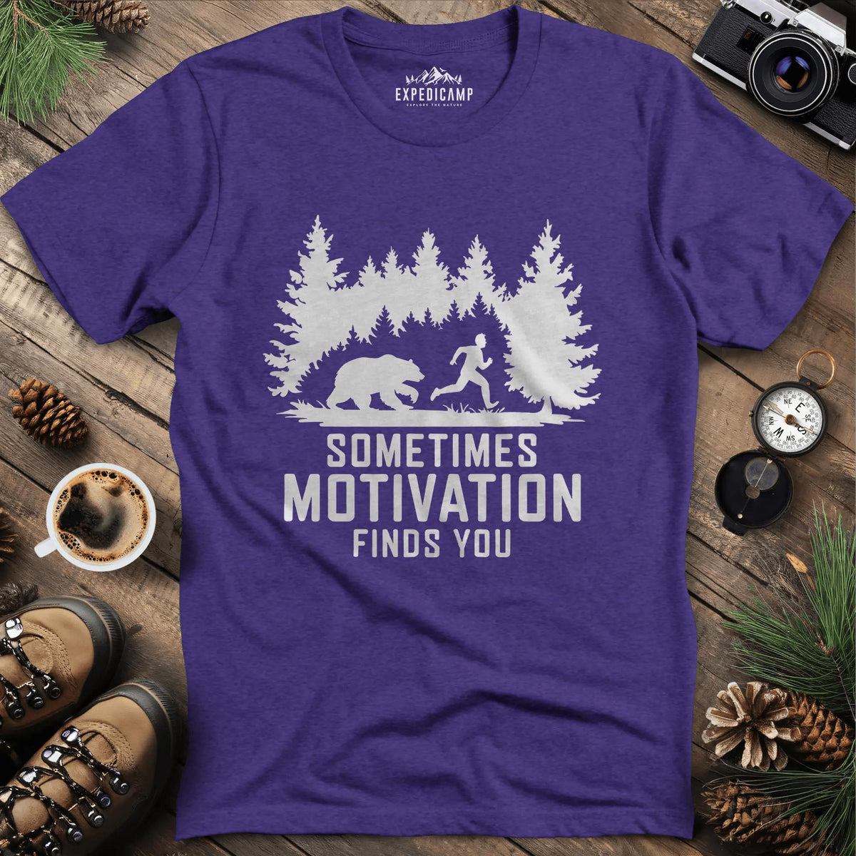 Sometimes Motivation Finds You - Charging Bear T-Shirt – Heather Purple – Outdoor apparel for travel, hiking, camping, and nature lovers – ExpediCamp
