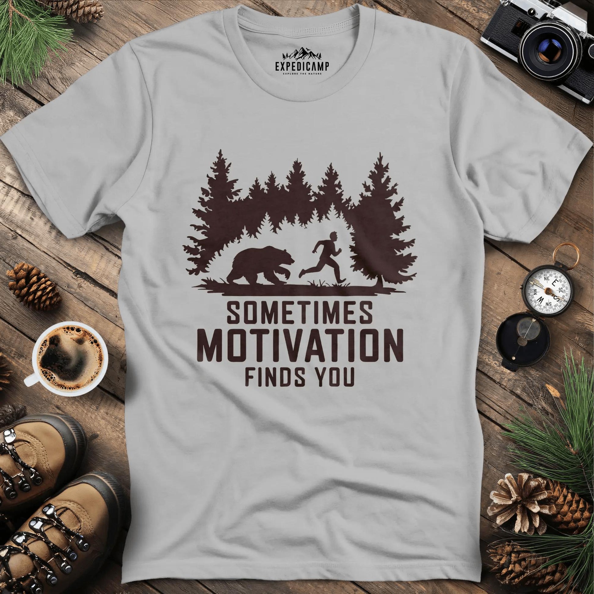 Sometimes Motivation Finds You - Charging Bear T-Shirt – Ice Grey – Outdoor apparel for travel, hiking, camping, and nature lovers – ExpediCamp