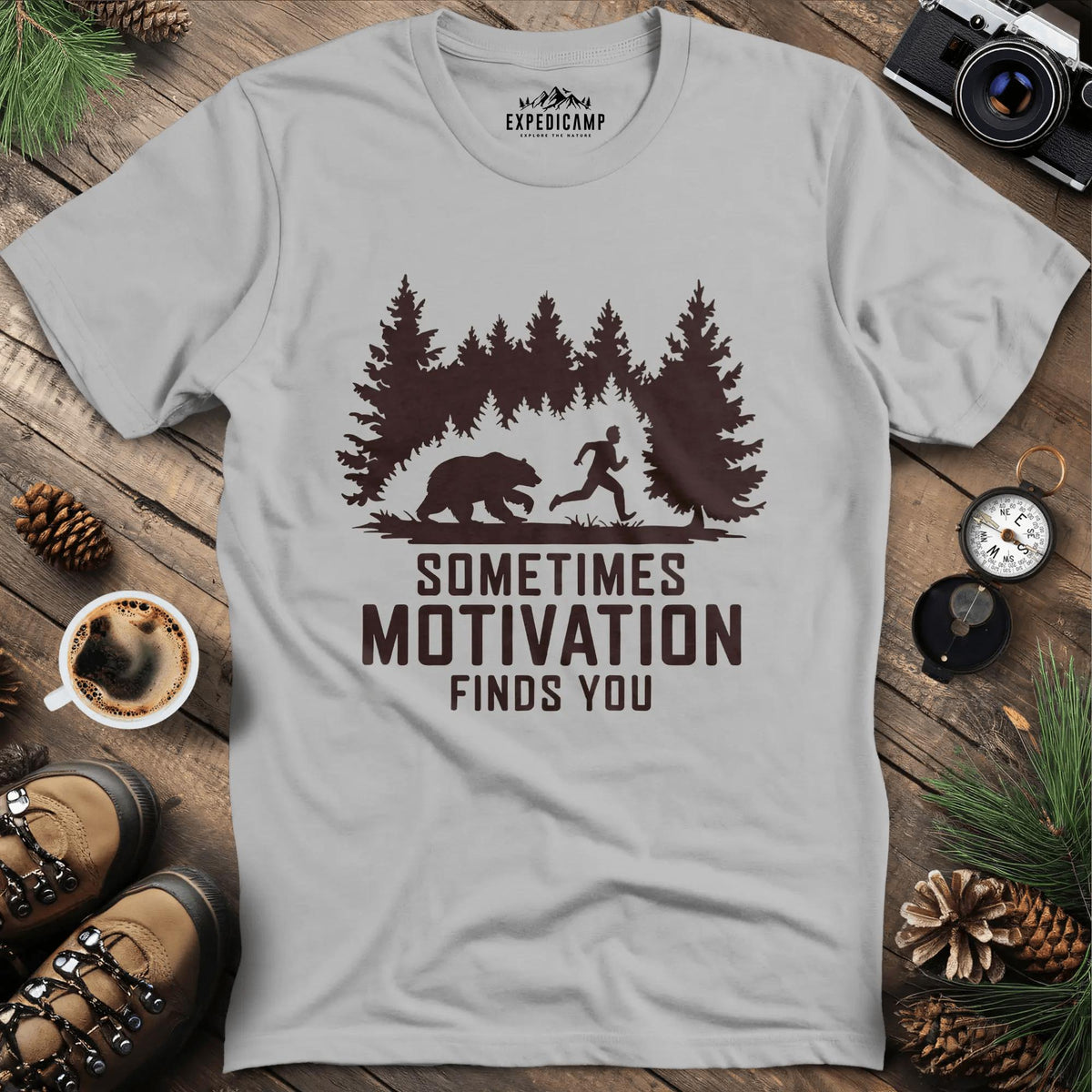 Sometimes Motivation Finds You - Charging Bear T-Shirt – Ice Grey – Outdoor apparel for travel, hiking, camping, and nature lovers – ExpediCamp