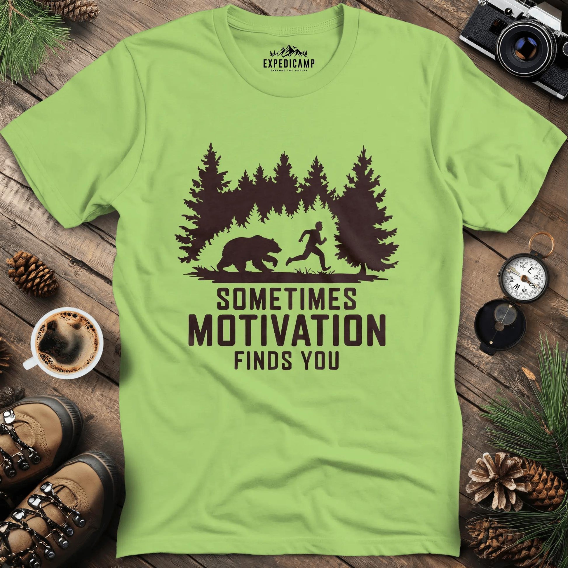 Sometimes Motivation Finds You - Charging Bear T-Shirt – Kiwi – Outdoor apparel for travel, hiking, camping, and nature lovers – ExpediCamp