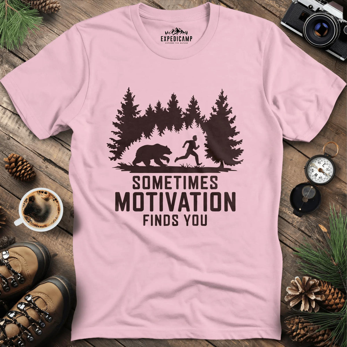 Sometimes Motivation Finds You - Charging Bear T-Shirt – Light Pink – Outdoor apparel for travel, hiking, camping, and nature lovers – ExpediCamp