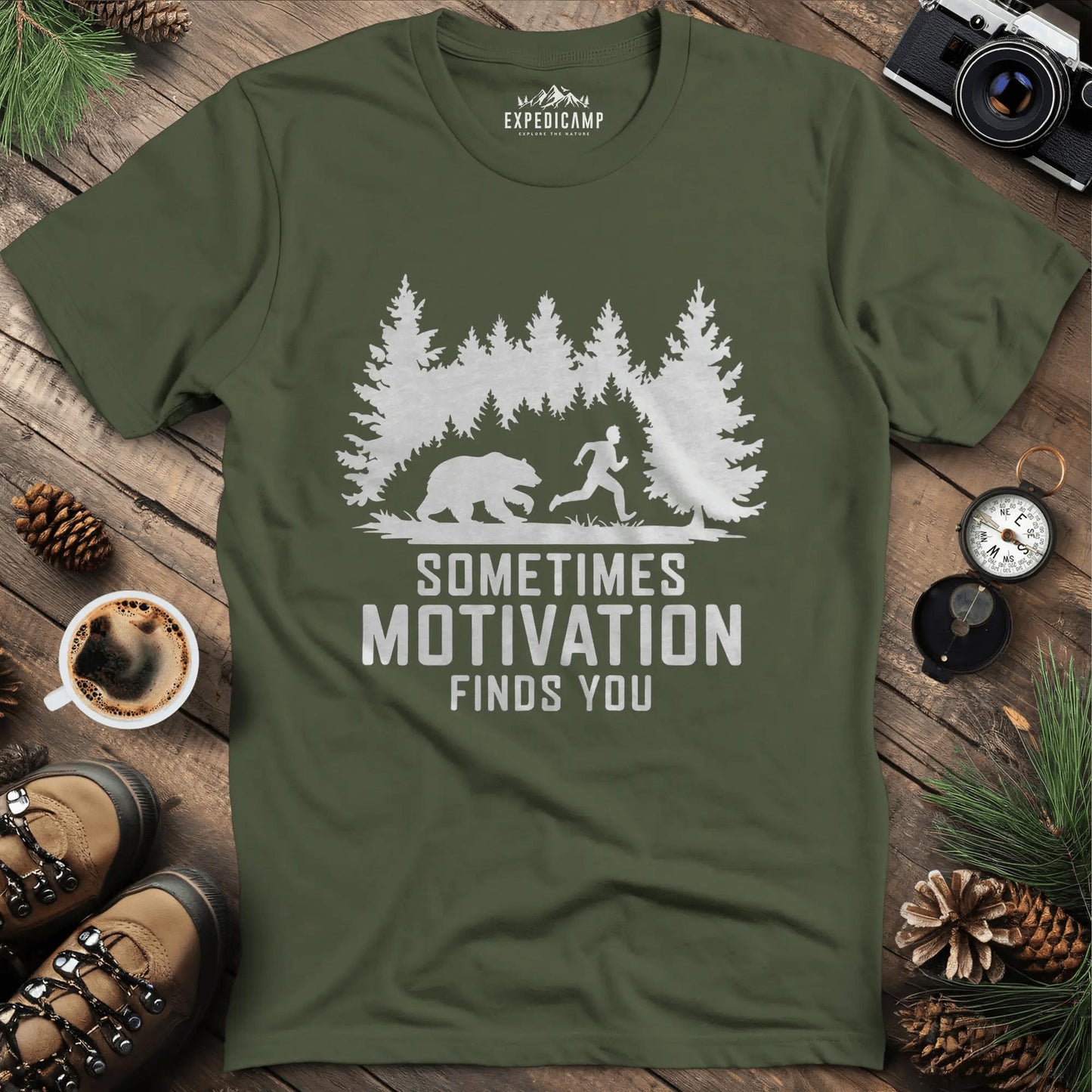 Sometimes Motivation Finds You - Charging Bear T-Shirt – Military Green – Outdoor apparel for travel, hiking, camping, and nature lovers – ExpediCamp