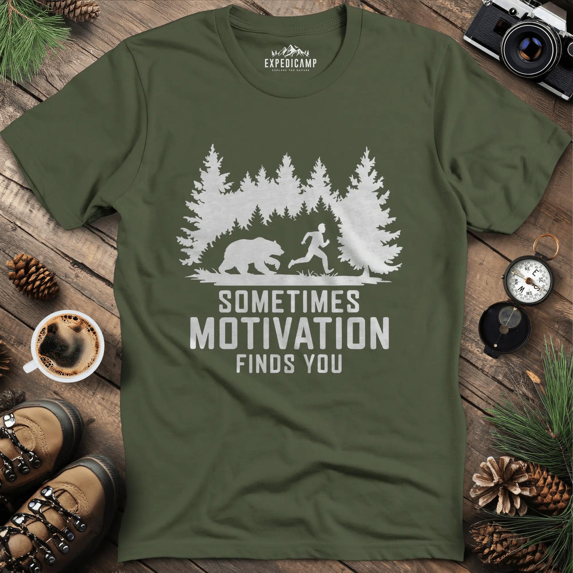 Sometimes Motivation Finds You - Charging Bear T-Shirt – Military Green – Outdoor apparel for travel, hiking, camping, and nature lovers – ExpediCamp