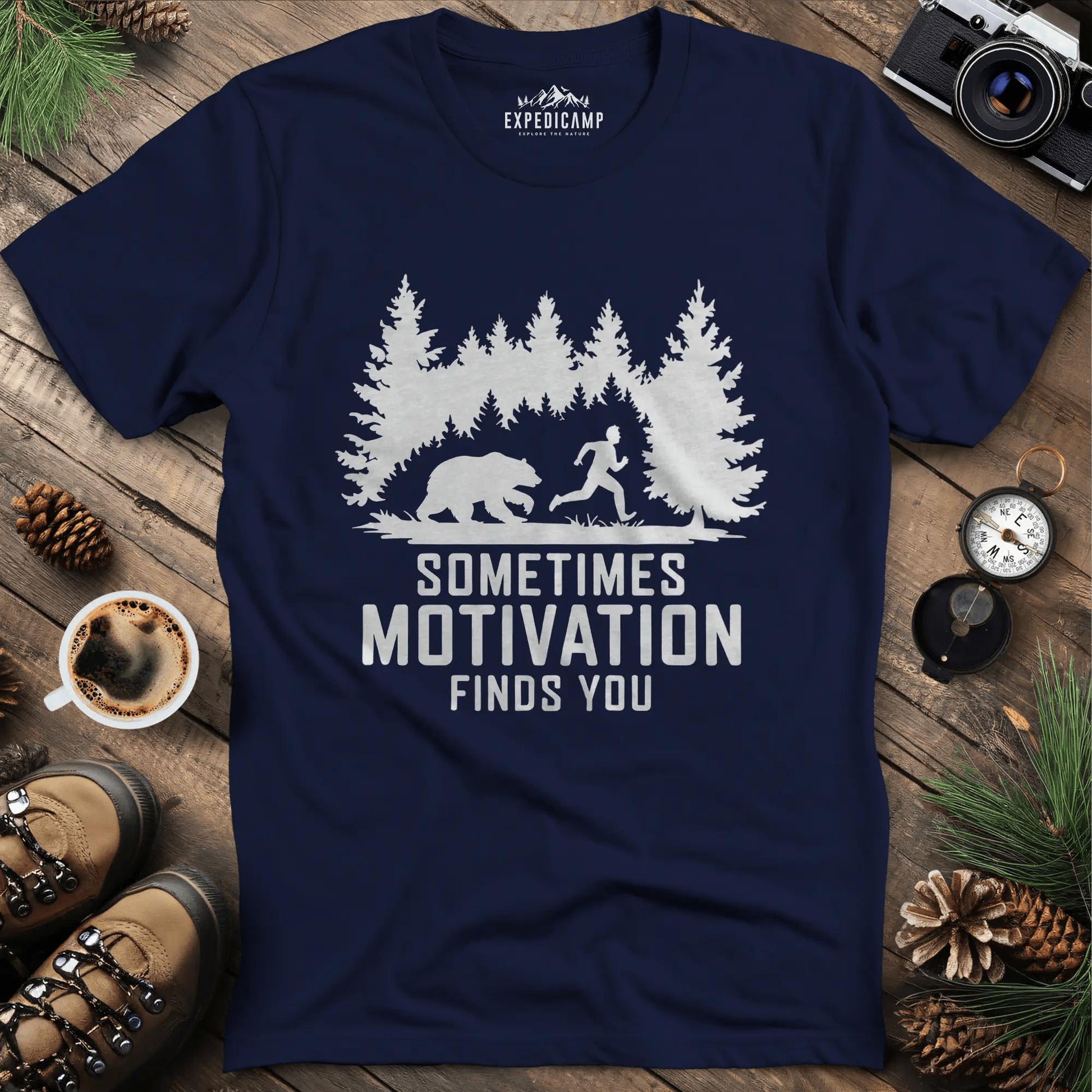 Sometimes Motivation Finds You - Charging Bear T-Shirt – Navy – Outdoor apparel for travel, hiking, camping, and nature lovers – ExpediCamp