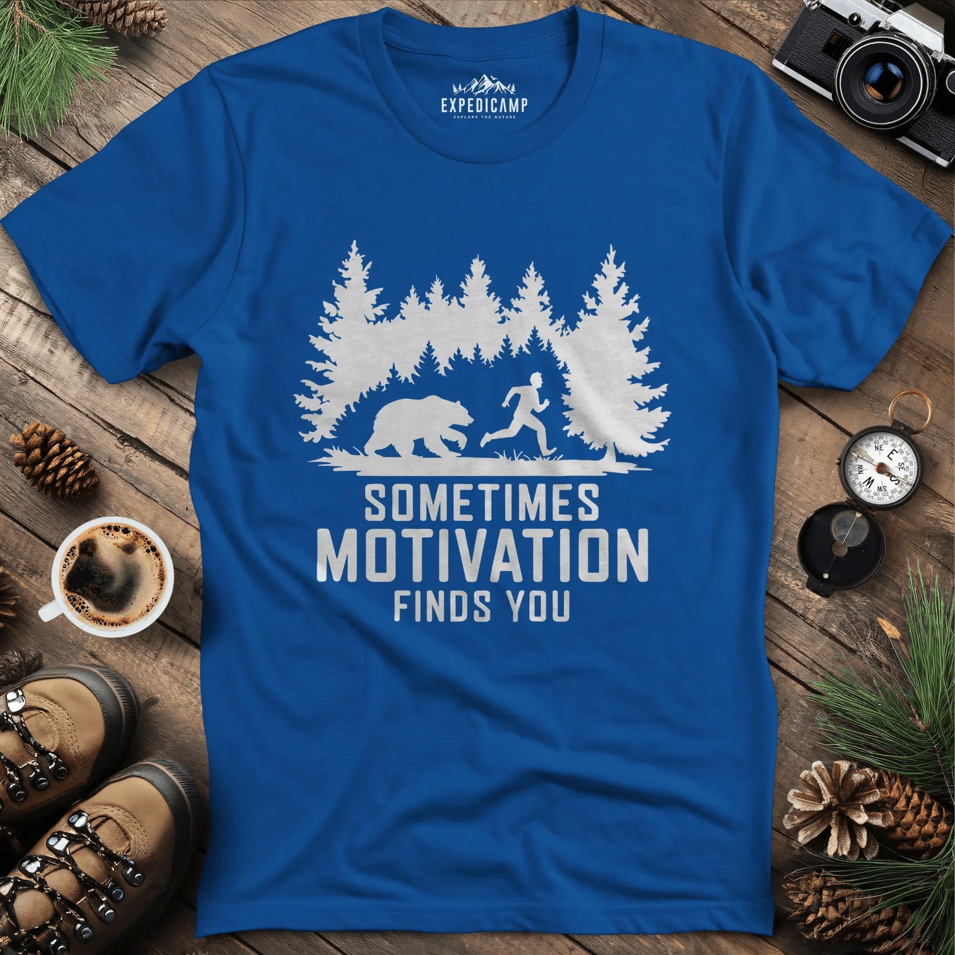 Sometimes Motivation Finds You - Charging Bear T-Shirt – Royal – Outdoor apparel for travel, hiking, camping, and nature lovers – ExpediCamp