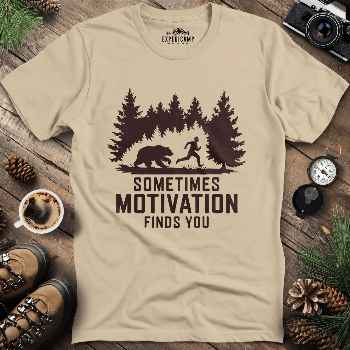 Sometimes Motivation Finds You - Charging Bear T-Shirt – Sand – Outdoor apparel for travel, hiking, camping, and nature lovers – ExpediCamp