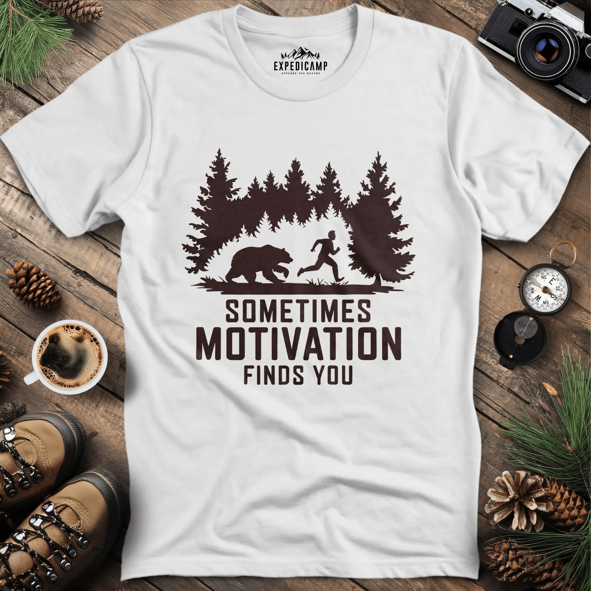 Sometimes Motivation Finds You - Charging Bear T-Shirt – White – Outdoor apparel for travel, hiking, camping, and nature lovers – ExpediCamp