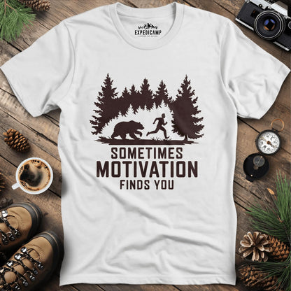 Sometimes Motivation Finds You - Charging Bear T-Shirt – White – Outdoor apparel for travel, hiking, camping, and nature lovers – ExpediCamp