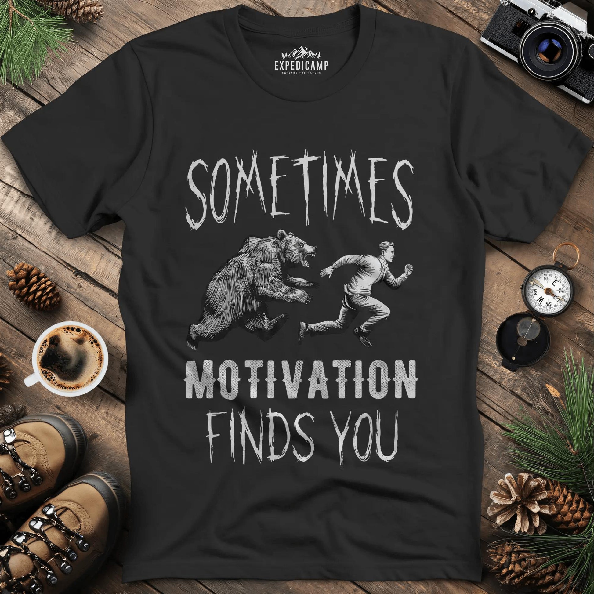 Sometimes Motivation Finds You - Hiker's Run T-Shirt – Black – Outdoor apparel for travel, hiking, camping, and nature lovers – ExpediCamp