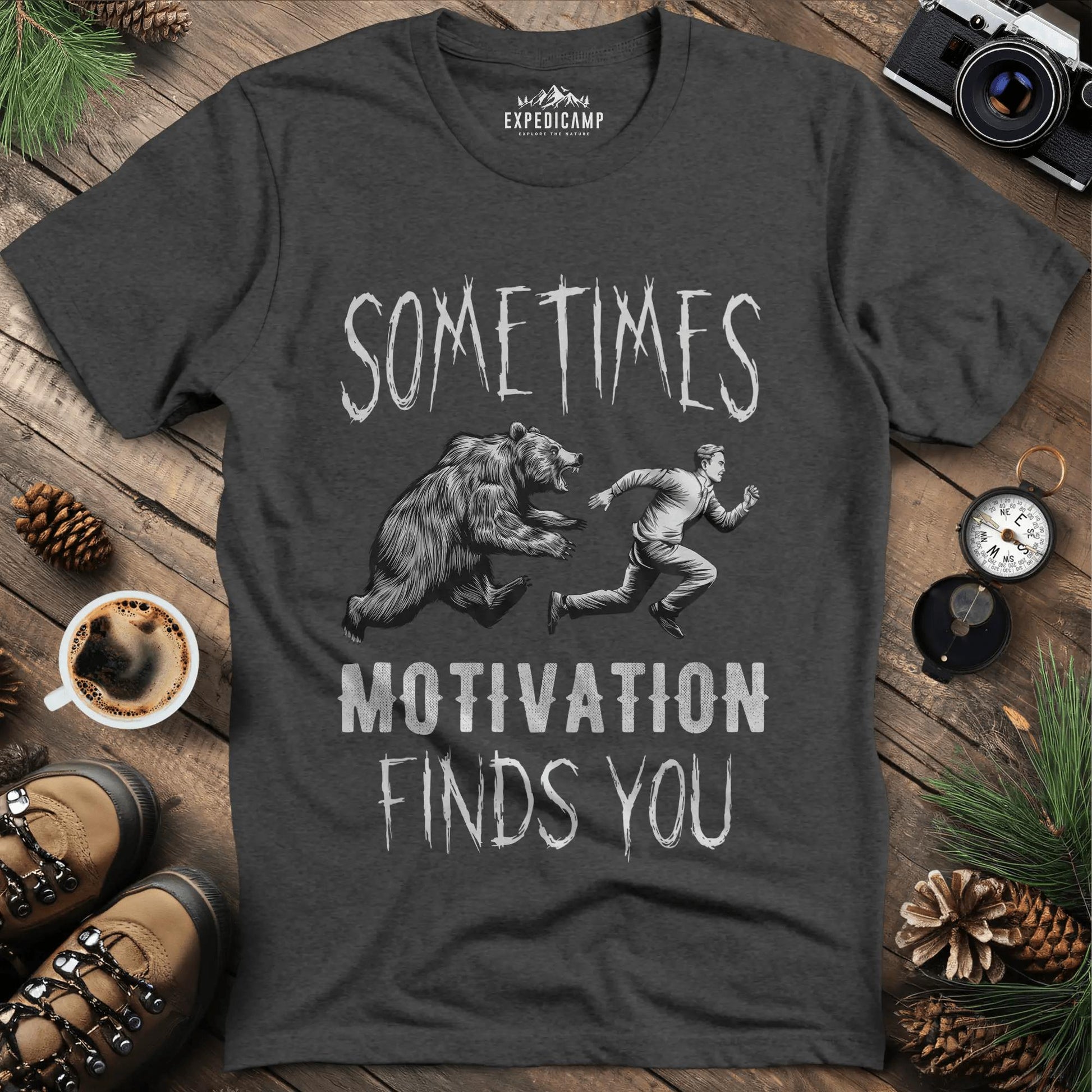 Sometimes Motivation Finds You - Hiker's Run T-Shirt – Dark Heather – Outdoor apparel for travel, hiking, camping, and nature lovers – ExpediCamp