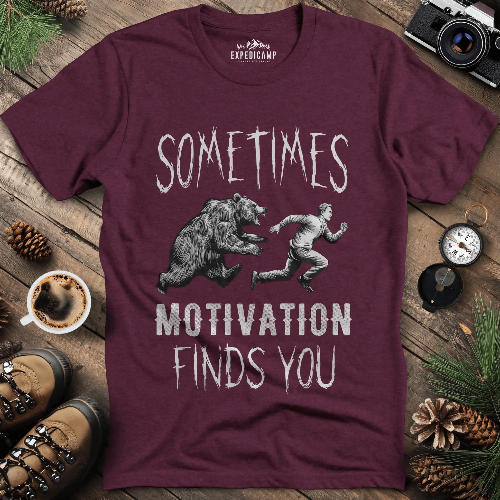 Sometimes Motivation Finds You - Hiker's Run T-Shirt – Heather Maroon – Outdoor apparel for travel, hiking, camping, and nature lovers – ExpediCamp