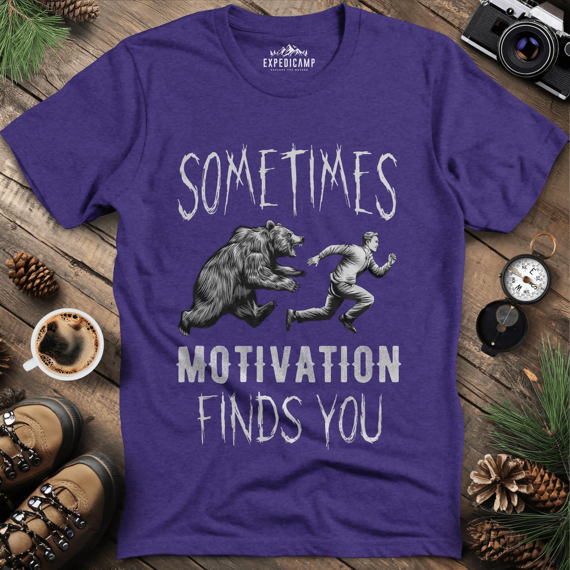 Sometimes Motivation Finds You - Hiker's Run T-Shirt – Heather Purple – Outdoor apparel for travel, hiking, camping, and nature lovers – ExpediCamp