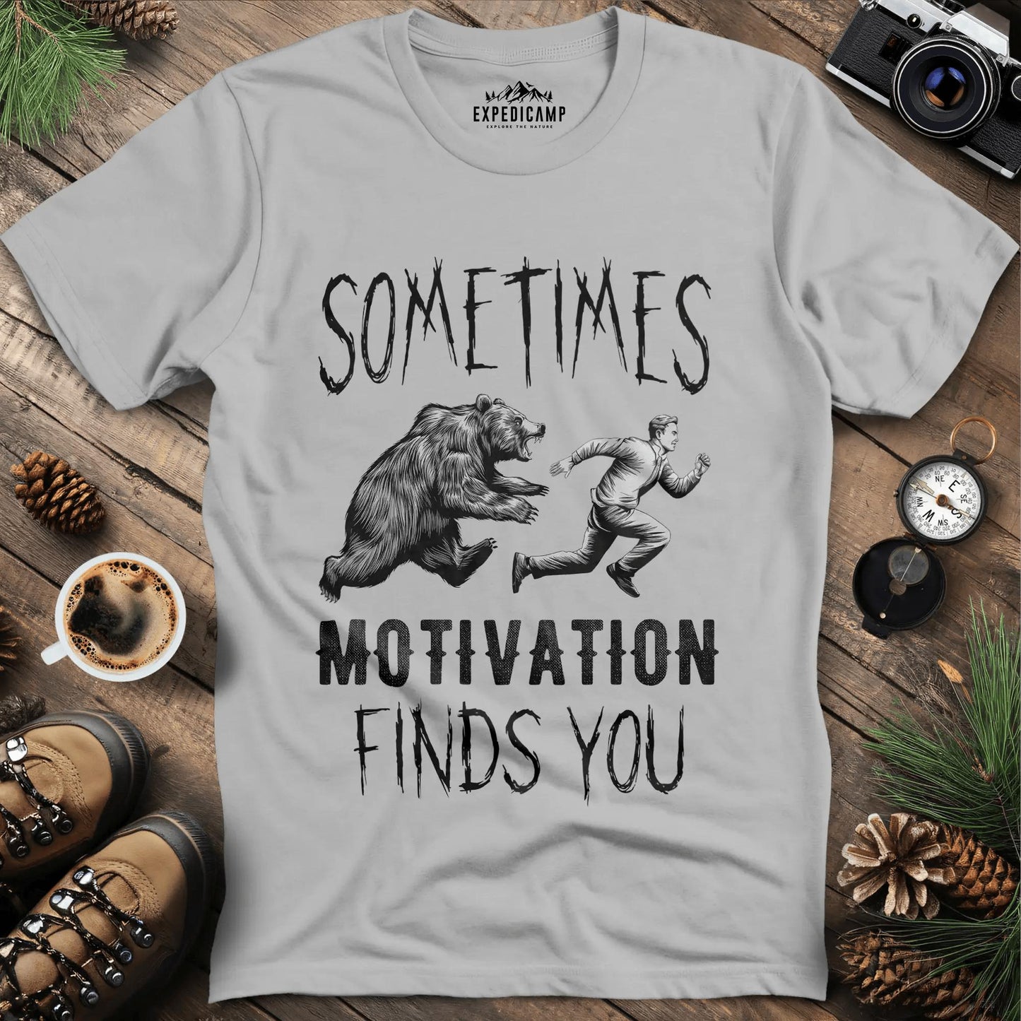 Sometimes Motivation Finds You - Hiker's Run T-Shirt – Ice Grey – Outdoor apparel for travel, hiking, camping, and nature lovers – ExpediCamp