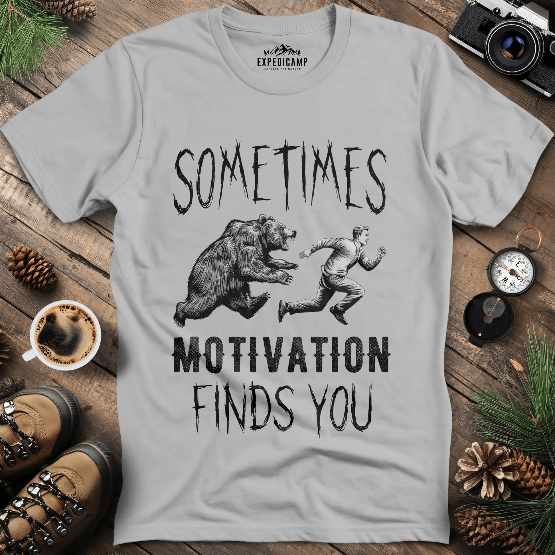 Sometimes Motivation Finds You - Hiker's Run T-Shirt – Ice Grey – Outdoor apparel for travel, hiking, camping, and nature lovers – ExpediCamp