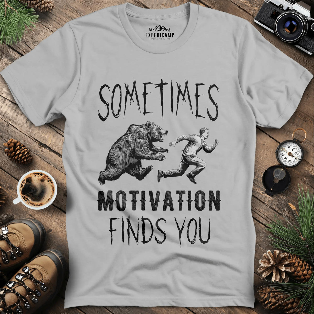 Sometimes Motivation Finds You - Hiker's Run T-Shirt – Ice Grey – Outdoor apparel for travel, hiking, camping, and nature lovers – ExpediCamp