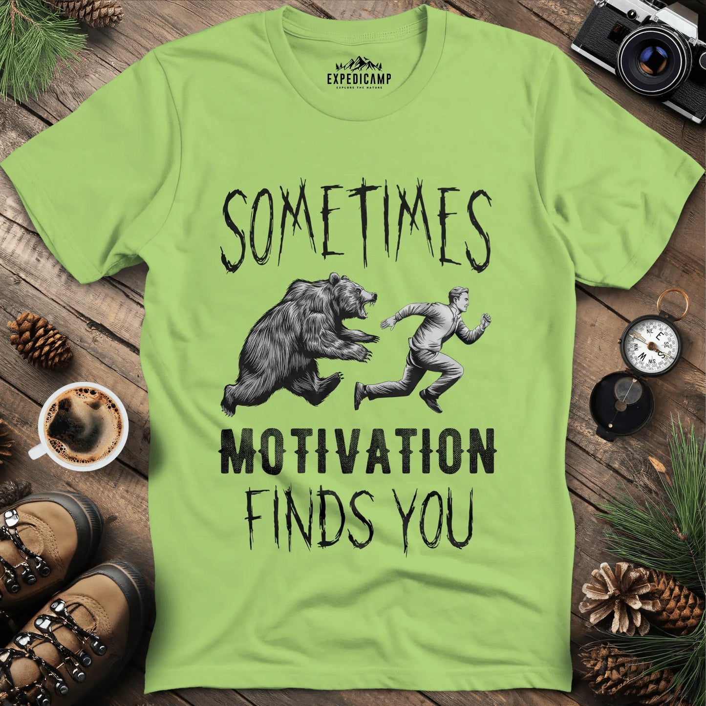 Sometimes Motivation Finds You - Hiker's Run T-Shirt – Kiwi – Outdoor apparel for travel, hiking, camping, and nature lovers – ExpediCamp