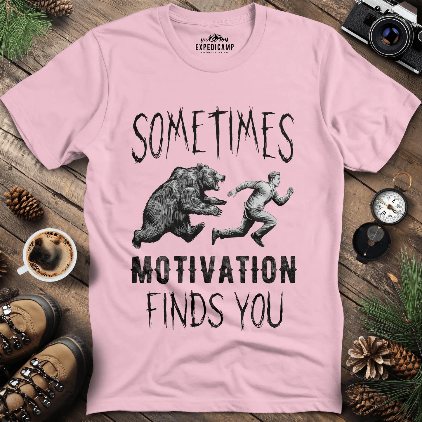 Sometimes Motivation Finds You - Hiker's Run T-Shirt – Light Pink – Outdoor apparel for travel, hiking, camping, and nature lovers – ExpediCamp