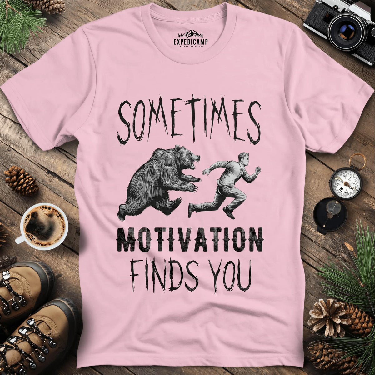 Sometimes Motivation Finds You - Hiker's Run T-Shirt – Light Pink – Outdoor apparel for travel, hiking, camping, and nature lovers – ExpediCamp