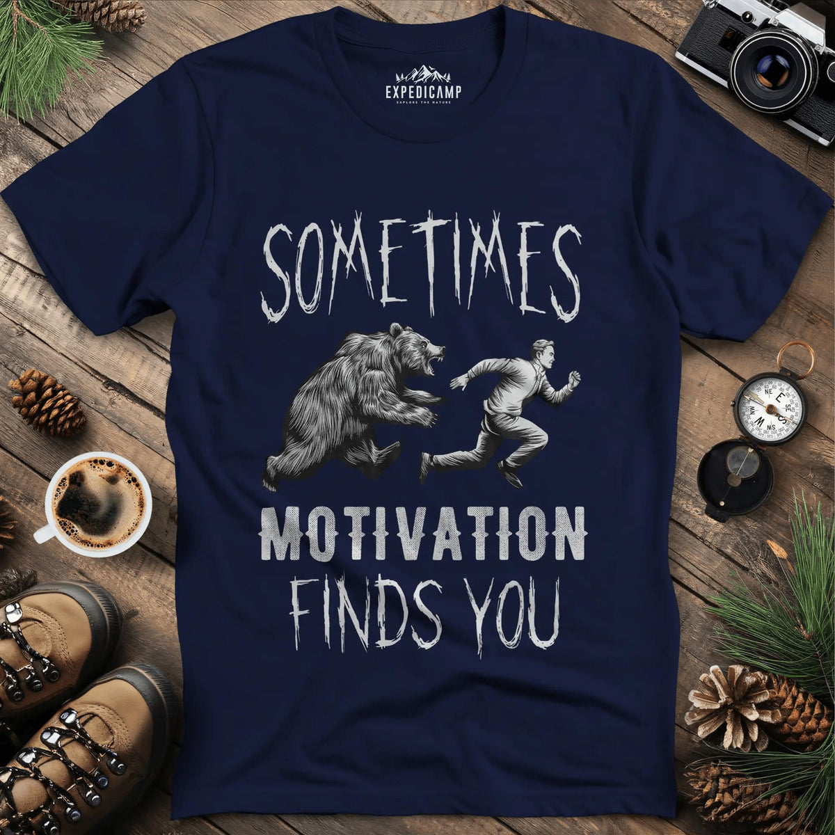 Sometimes Motivation Finds You - Hiker's Run T-Shirt – Navy – Outdoor apparel for travel, hiking, camping, and nature lovers – ExpediCamp