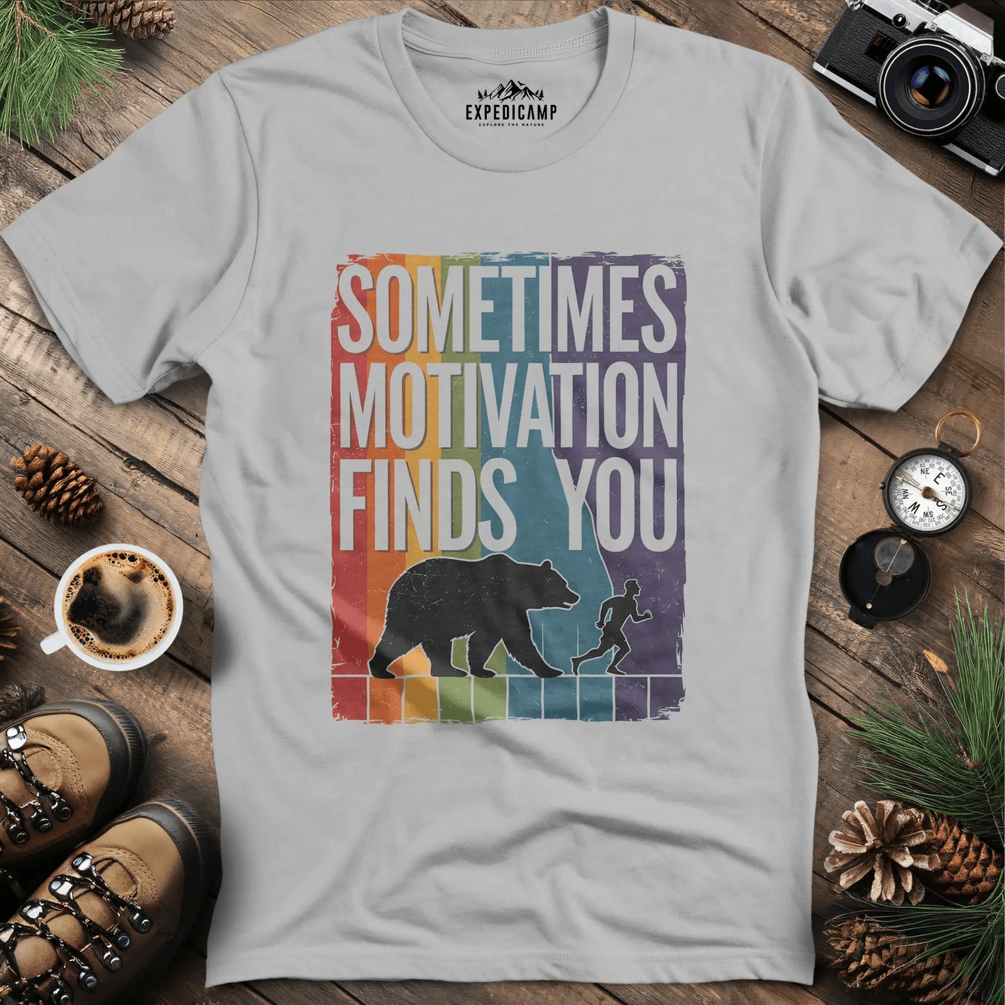 Sometimes Motivation Finds You - Rainbow T-Shirt – Ice Grey – Outdoor apparel for travel, hiking, camping, and nature lovers – ExpediCamp