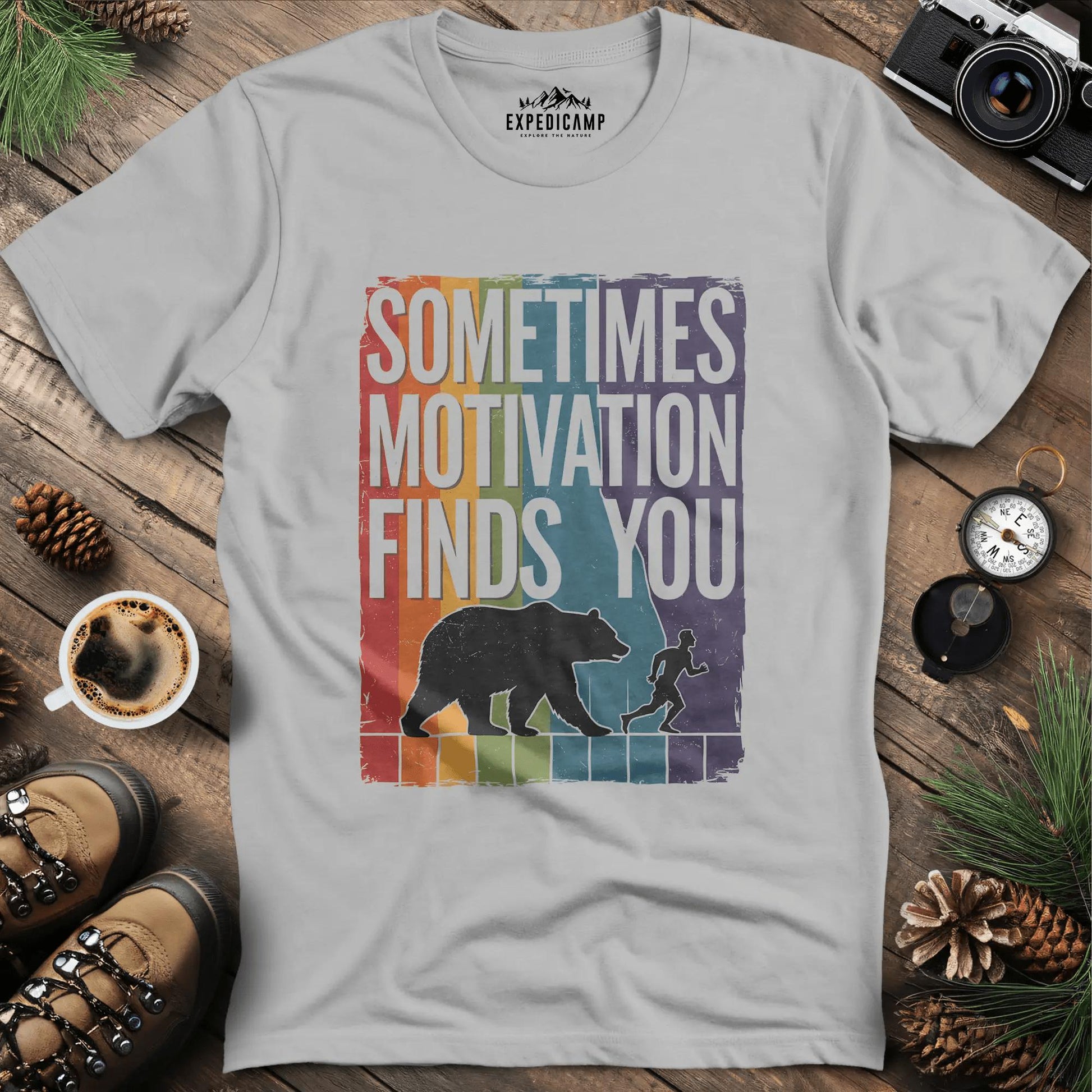 Sometimes Motivation Finds You - Rainbow T-Shirt – Ice Grey – Outdoor apparel for travel, hiking, camping, and nature lovers – ExpediCamp