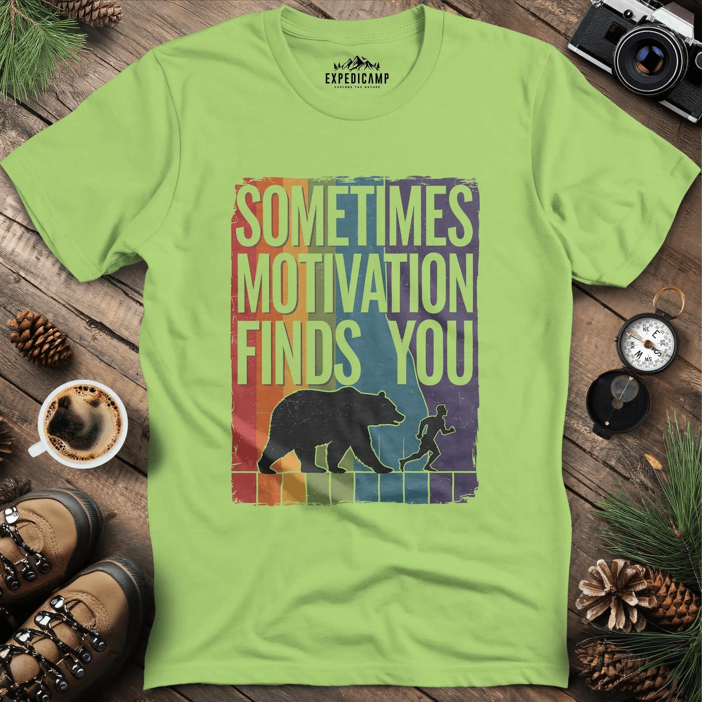 Sometimes Motivation Finds You - Rainbow T-Shirt – Kiwi – Outdoor apparel for travel, hiking, camping, and nature lovers – ExpediCamp