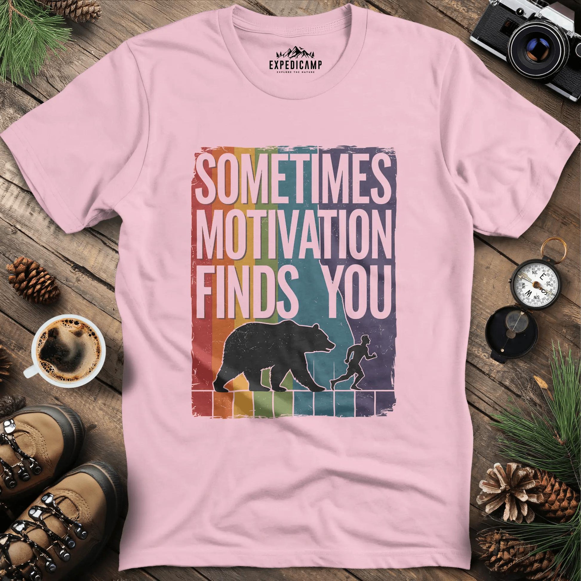 Sometimes Motivation Finds You - Rainbow T-Shirt – Light Pink – Outdoor apparel for travel, hiking, camping, and nature lovers – ExpediCamp