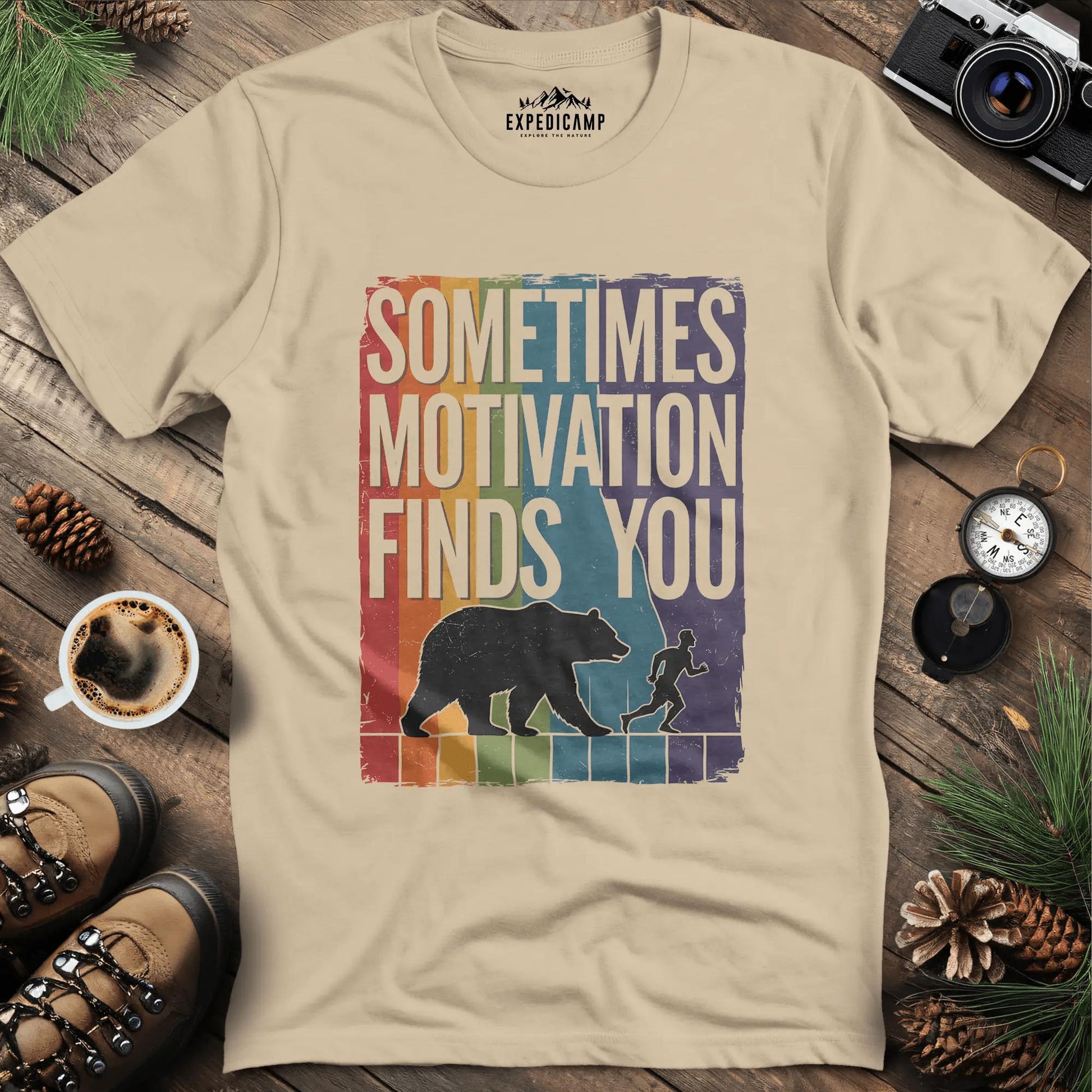 Sometimes Motivation Finds You - Rainbow T-Shirt – Sand – Outdoor apparel for travel, hiking, camping, and nature lovers – ExpediCamp