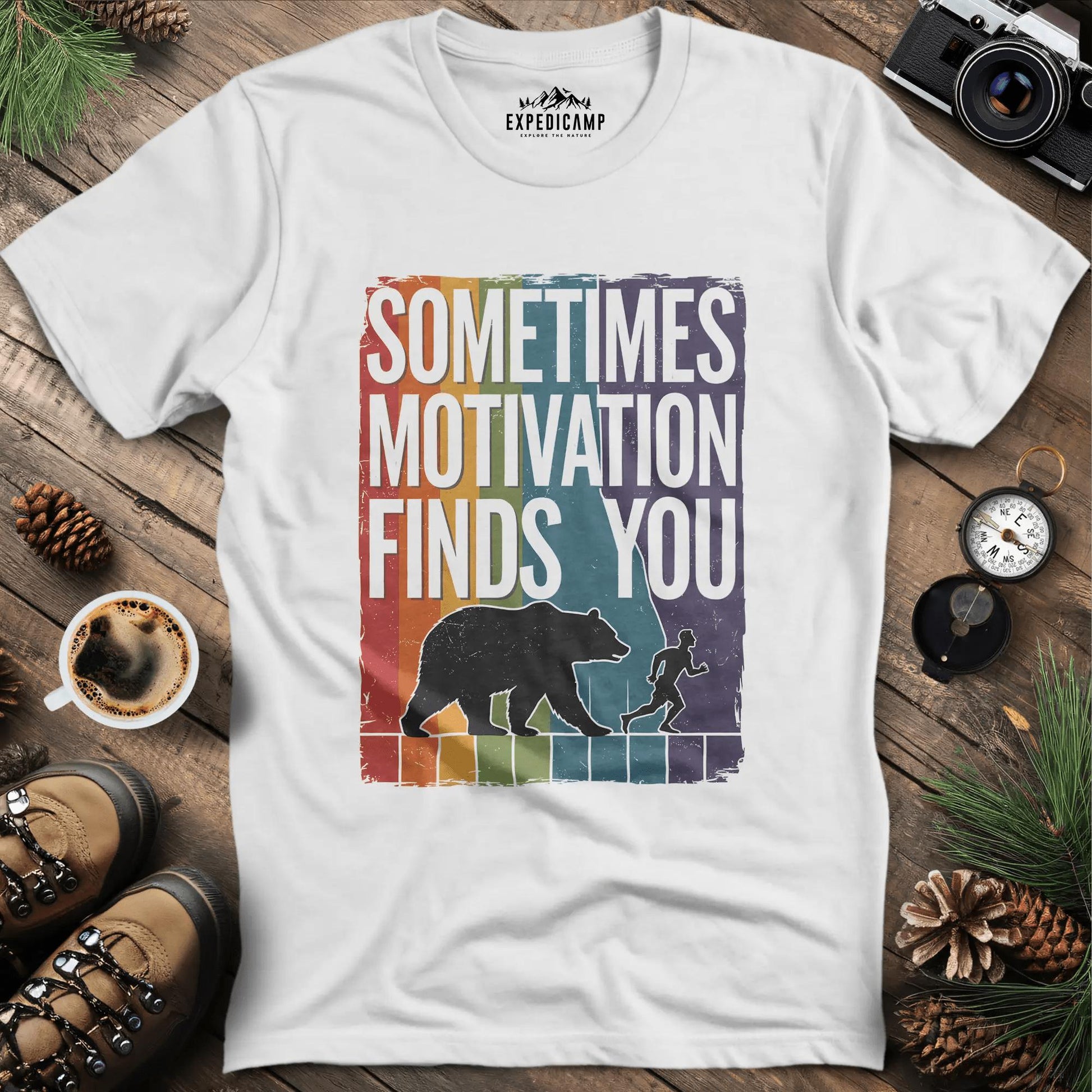 Sometimes Motivation Finds You - Rainbow T-Shirt – White – Outdoor apparel for travel, hiking, camping, and nature lovers – ExpediCamp